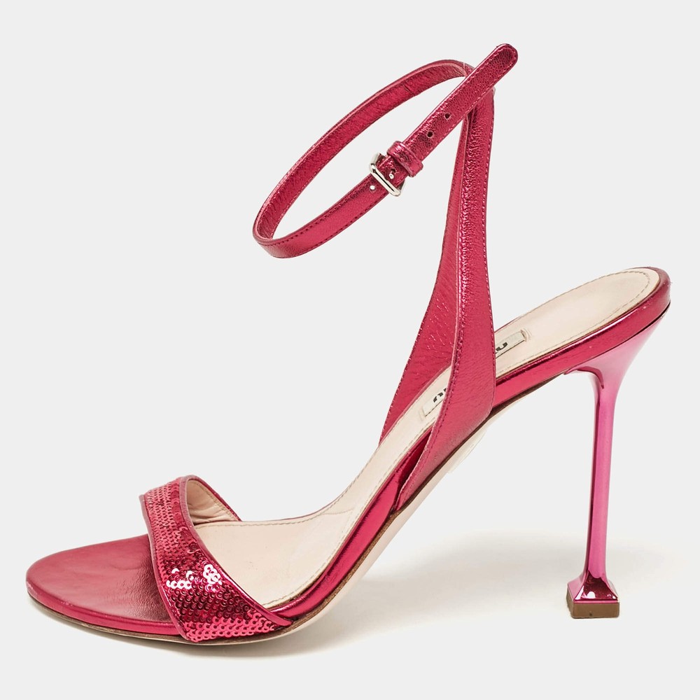 Miu Miu Metallic Rose Leather Ankle Strap Sandals Size 38