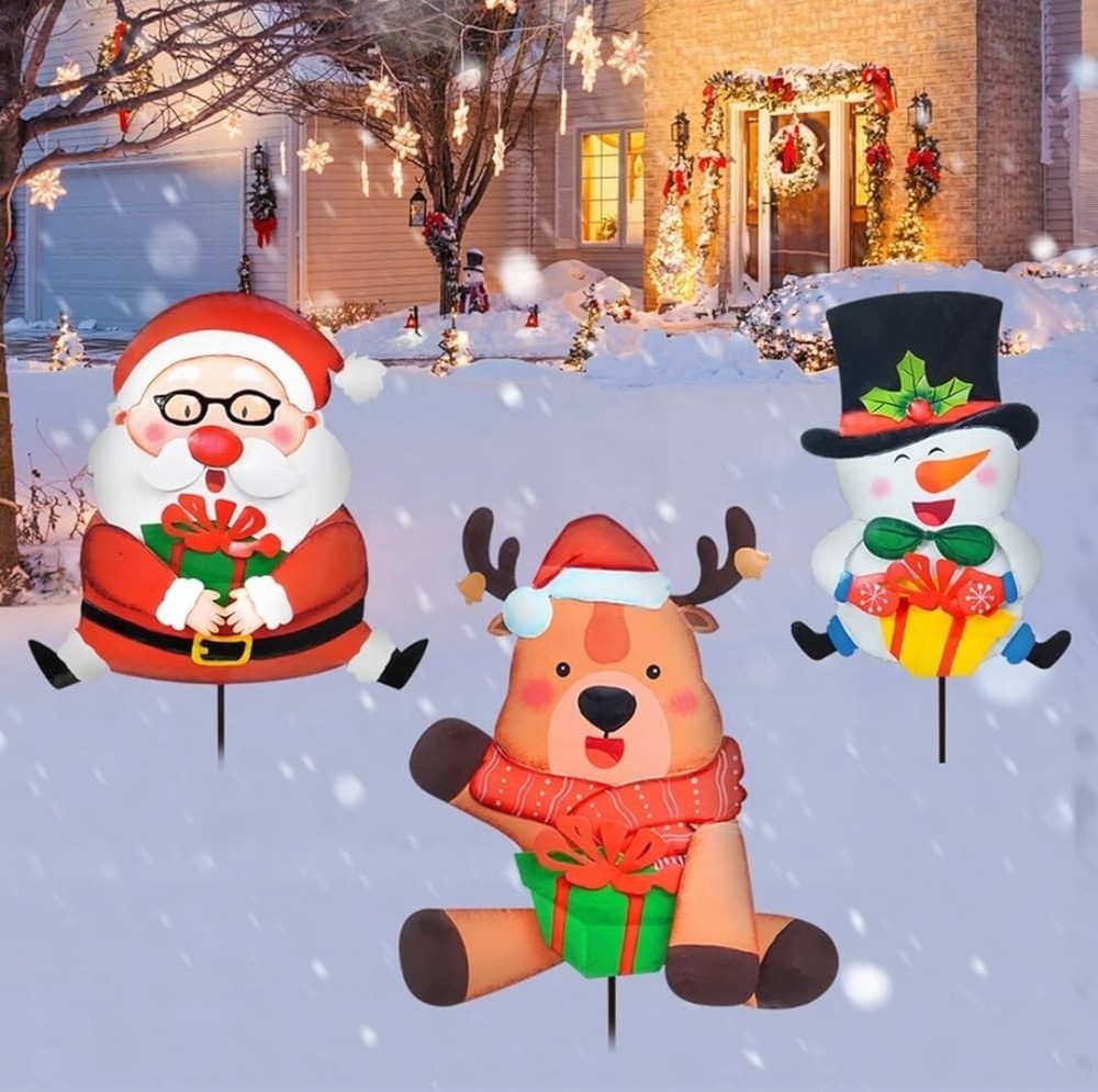 Santa, one of his reindeer and Frosty, the snowman yard signs stakes included