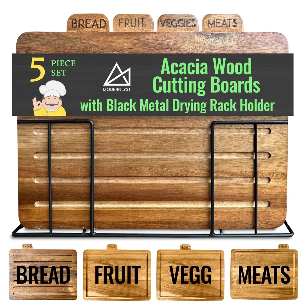 Acacia Cutting Boards for Kitchen with Holder 13