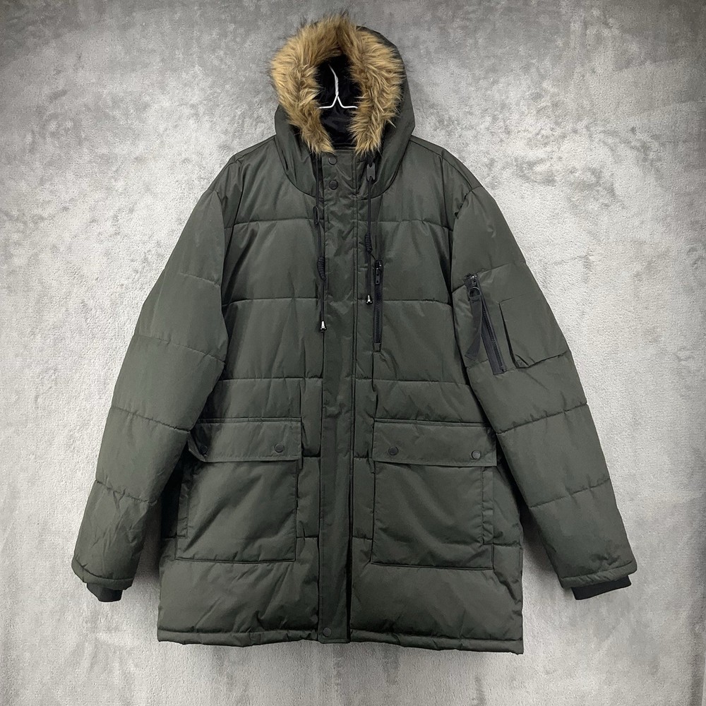 Men's 2XL Green Hip Hop Puffer Jacket with Faux Fur Hood and Zip Pockets-image