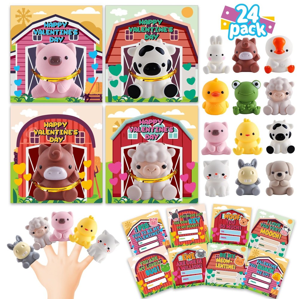 Valentines Day Cards for Kids - 24 Pack Farm Animal Finger Puppets with Unique Designs  