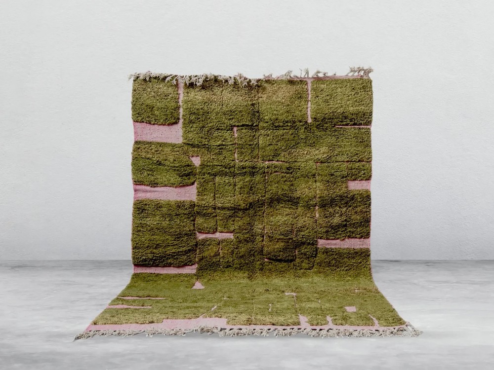 Moroccan Berber Beni Ourain Wool Rug Color Pink Green Design Area Carpet Rug