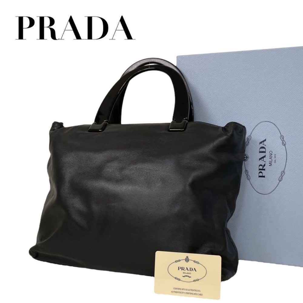 Prada Black Leather Handbag with Logo, Compact Tote, Excellent Condition
