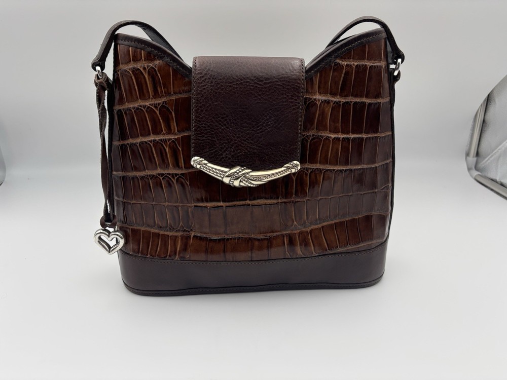 Brighton Leather Shoulder Bag Tan Brown Croc Embossed Adjustable Strap Vintage