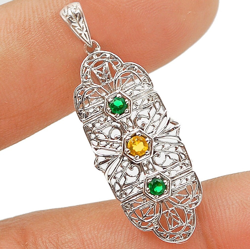 1CT Natural Citrine & Emerald 925 Sterling Silver Victorian Style Pendant Y1182