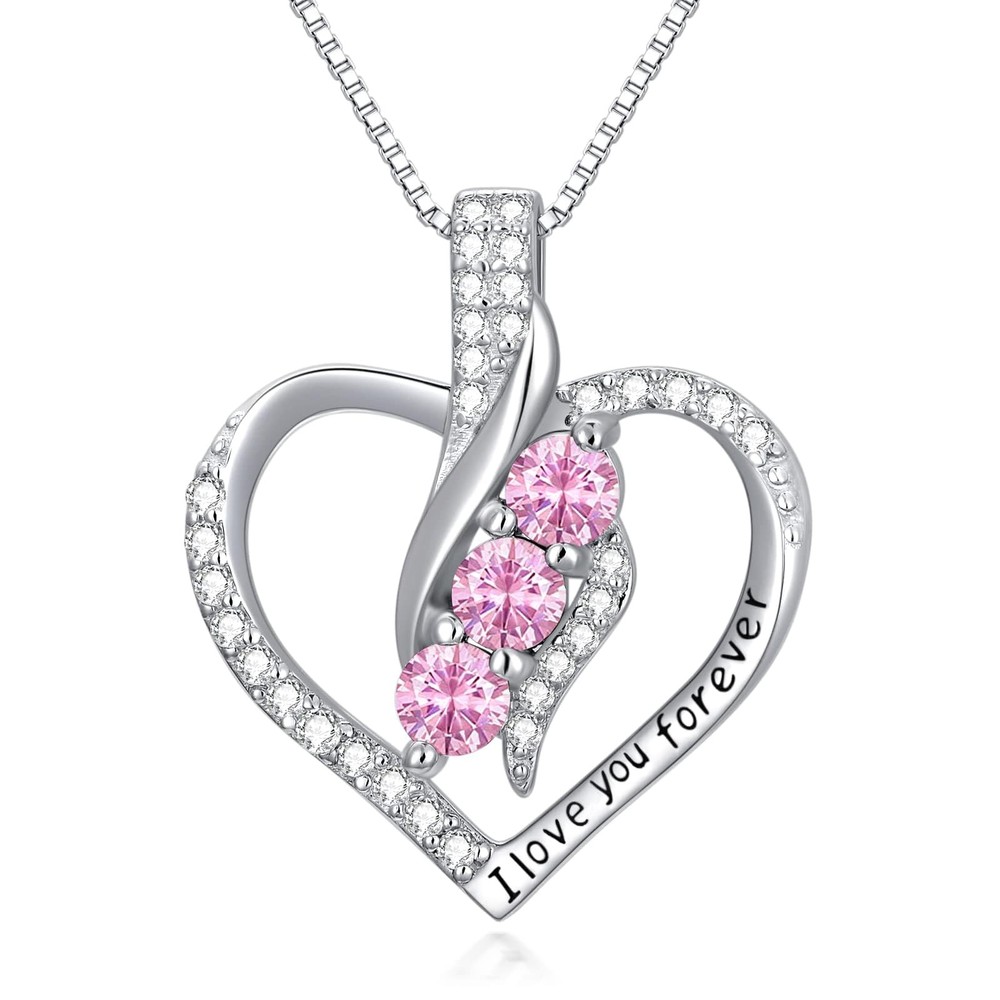 925 Sterling Silver October Birthstone Necklace for Women Pink Tourmaline Hea...
