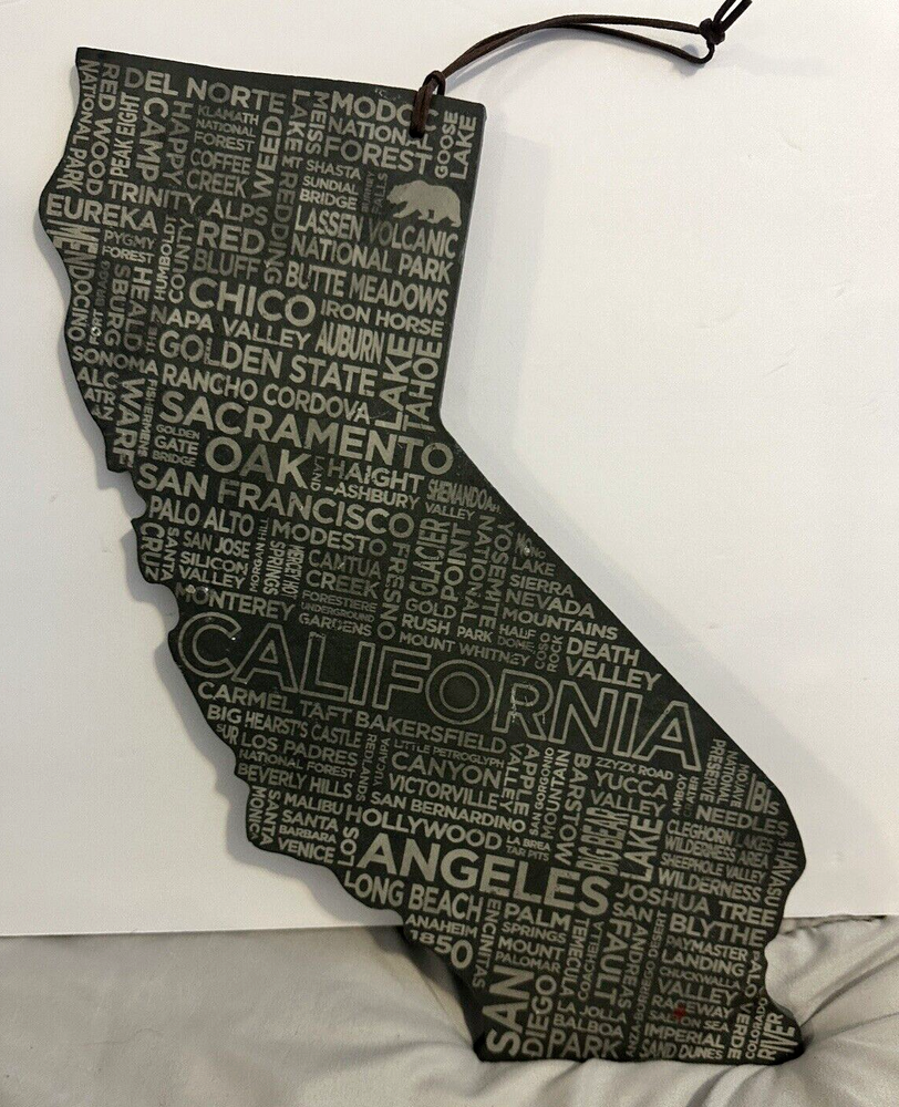 Laser Etched Black Slate Rock Hanging Art Cheeseboard Cities California Outline