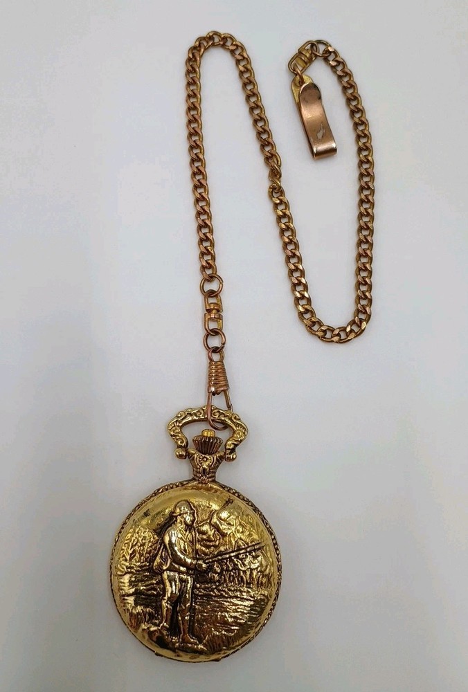 Milan Quartz Pocket Watch Gold Tone Fisherman Fishing Outdoorsman 2