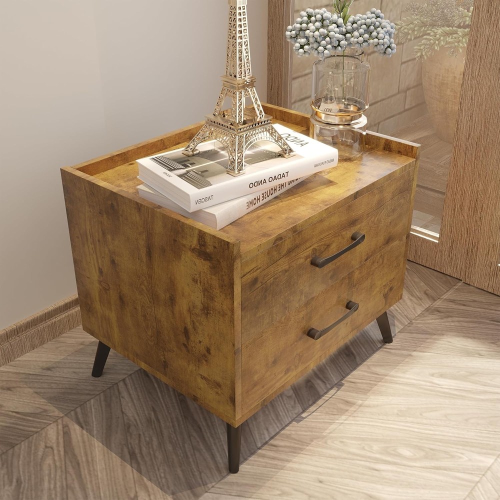 Mid Century Modern Brown Nightstand with 2 Drawers for Bedroom