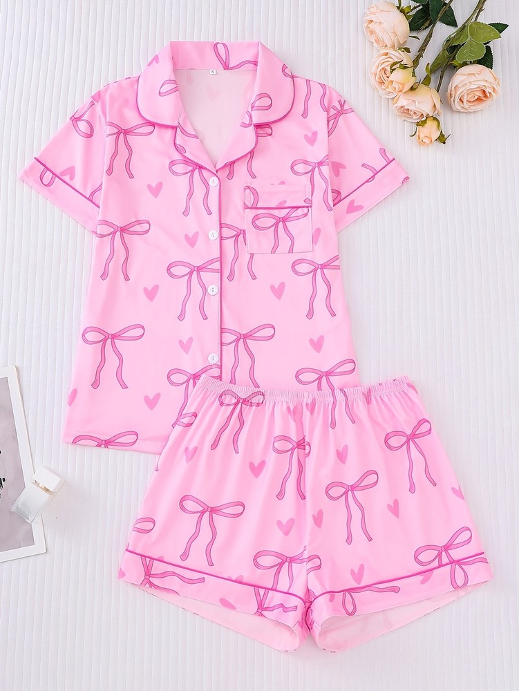 Spring/Summer 2pcs set of love bow print Women's pajamas, short-sleeved