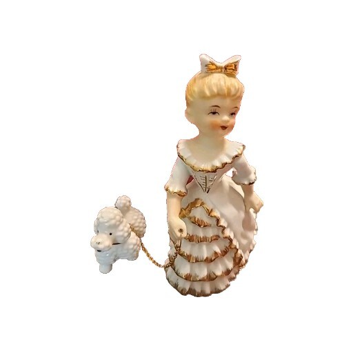 Vintage Lefton lady   White poodles on chains bone china