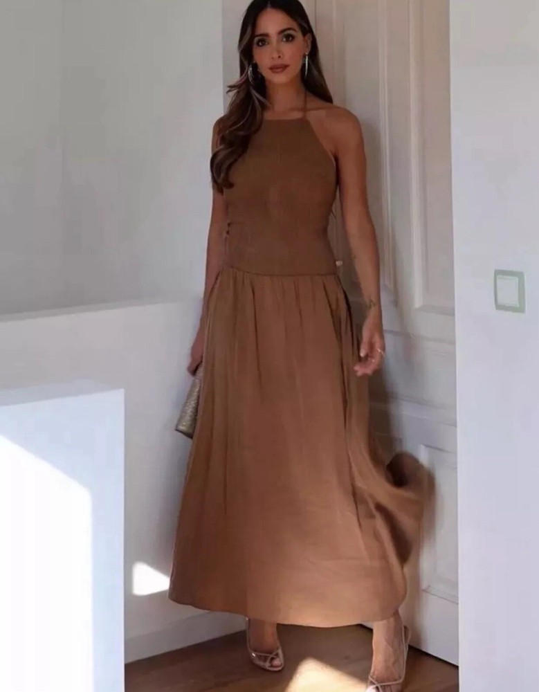 Zara Brown Midi Flowing Halter Dress in Size M - Style 3093/796