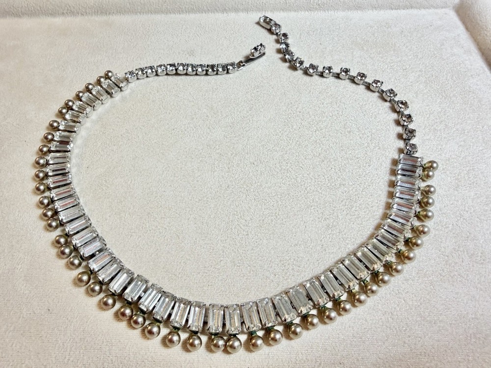 Vintage Kramer NY Rhinestone Necklace Baguette Fringe Choker Silver Tone