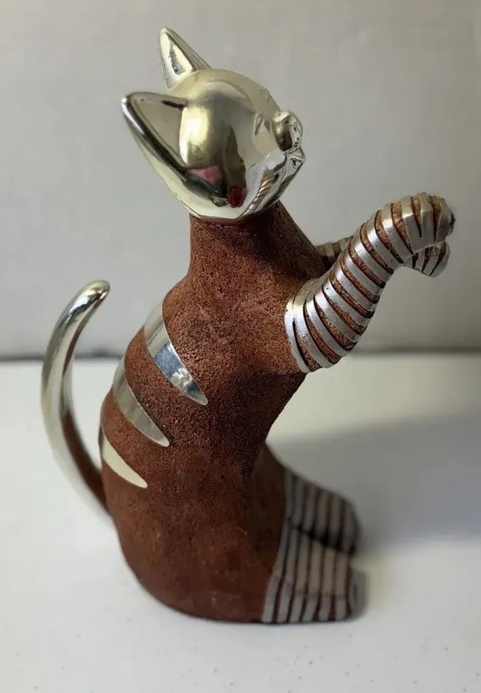 Rustic Rust Color Cat Polished Silver-tone Head /Tail Trim 13”Tall VintageUsed
