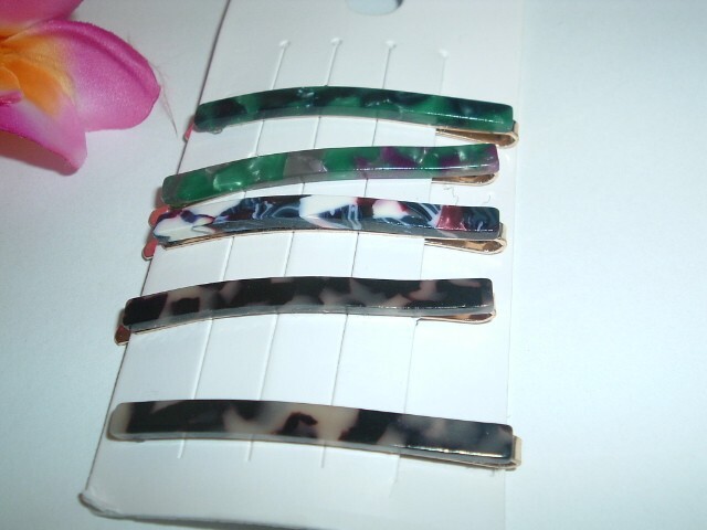 5 Vibrant Marbled Lucite Bobby Pins with Gold Accents on Display Card