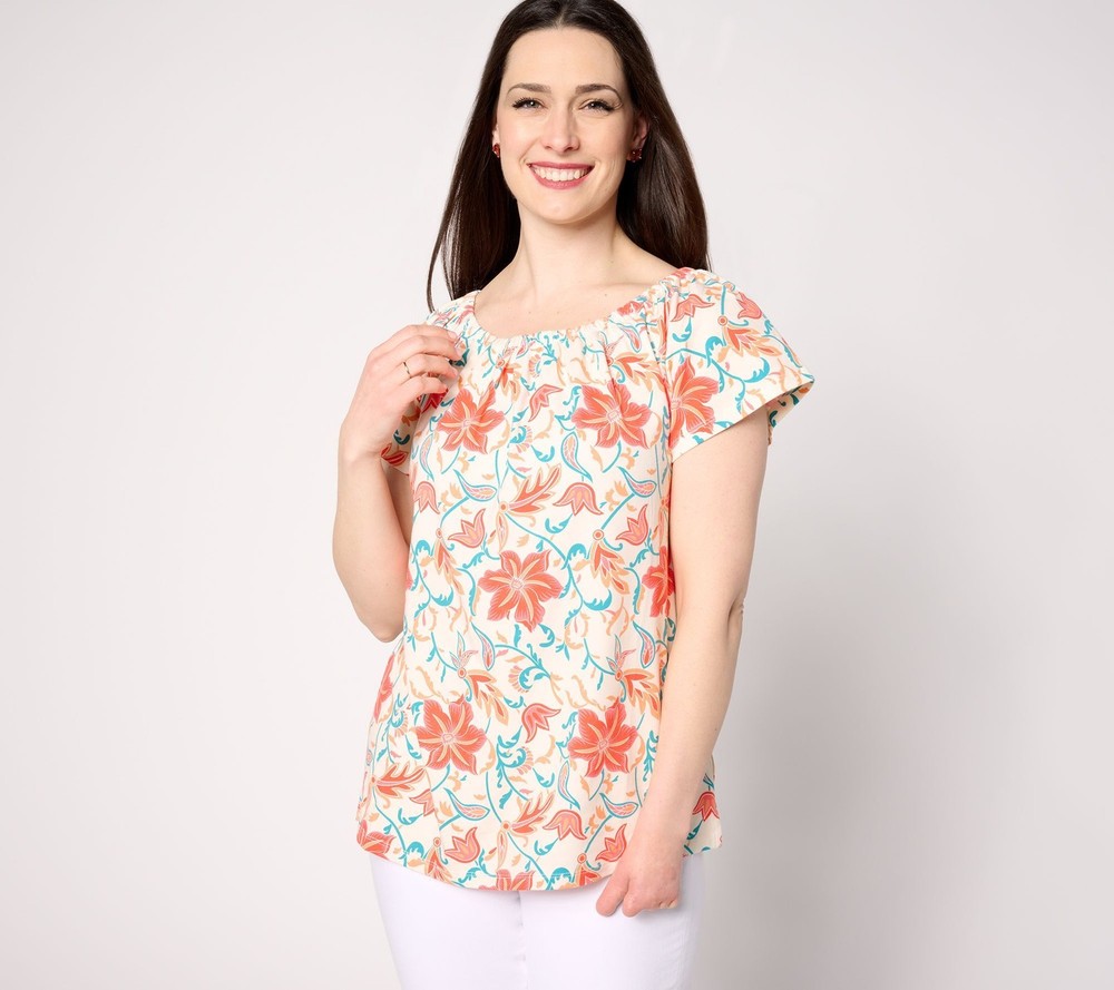 Denim & Co Women's Top Sz L Co. Favorite Jersey Off Shoulder Tan/Beige A649479