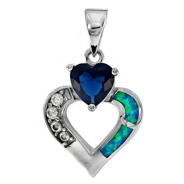 Heart 1CT Sapphire & Australian Opal Inlay 925 Sterling Silver Pendant GA8