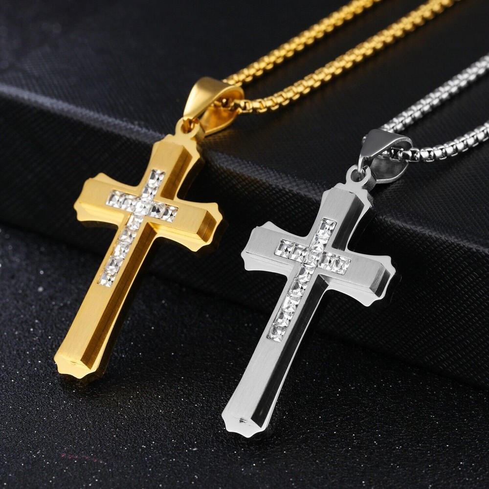Cross Necklace for Men Women Stainless Steel Gold Plated CZ Pendant Chain Gifts
