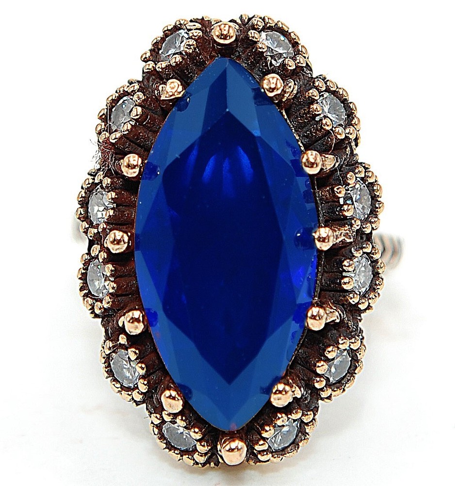 10CT Treated Sapphire Ottoman Empire Style 925 Sterling Silver Ring Size 8 H3-7