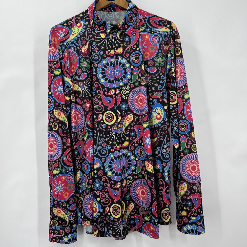 Women's Whimsical Statement Blouse 2XL Cotton Blend Geometric Colorful Artsy
