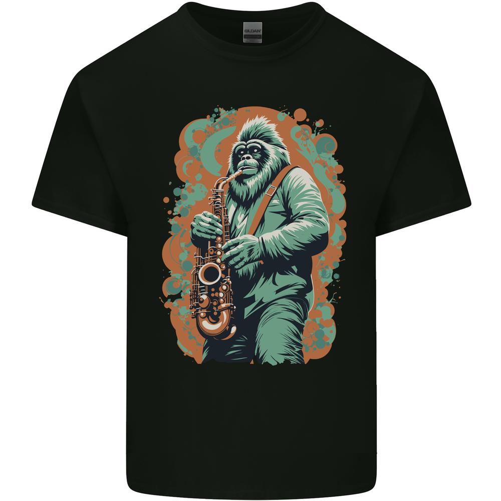 Bigfoot Playing the Saxophone Ape Gorilla Mens Cotton T-Shirt Tee Top