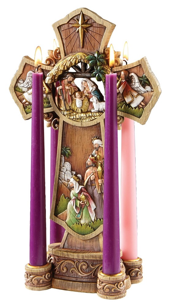 Advent Candle Holder - Handcrafted Nativity Cross Tabletop Centerpiece Christmas