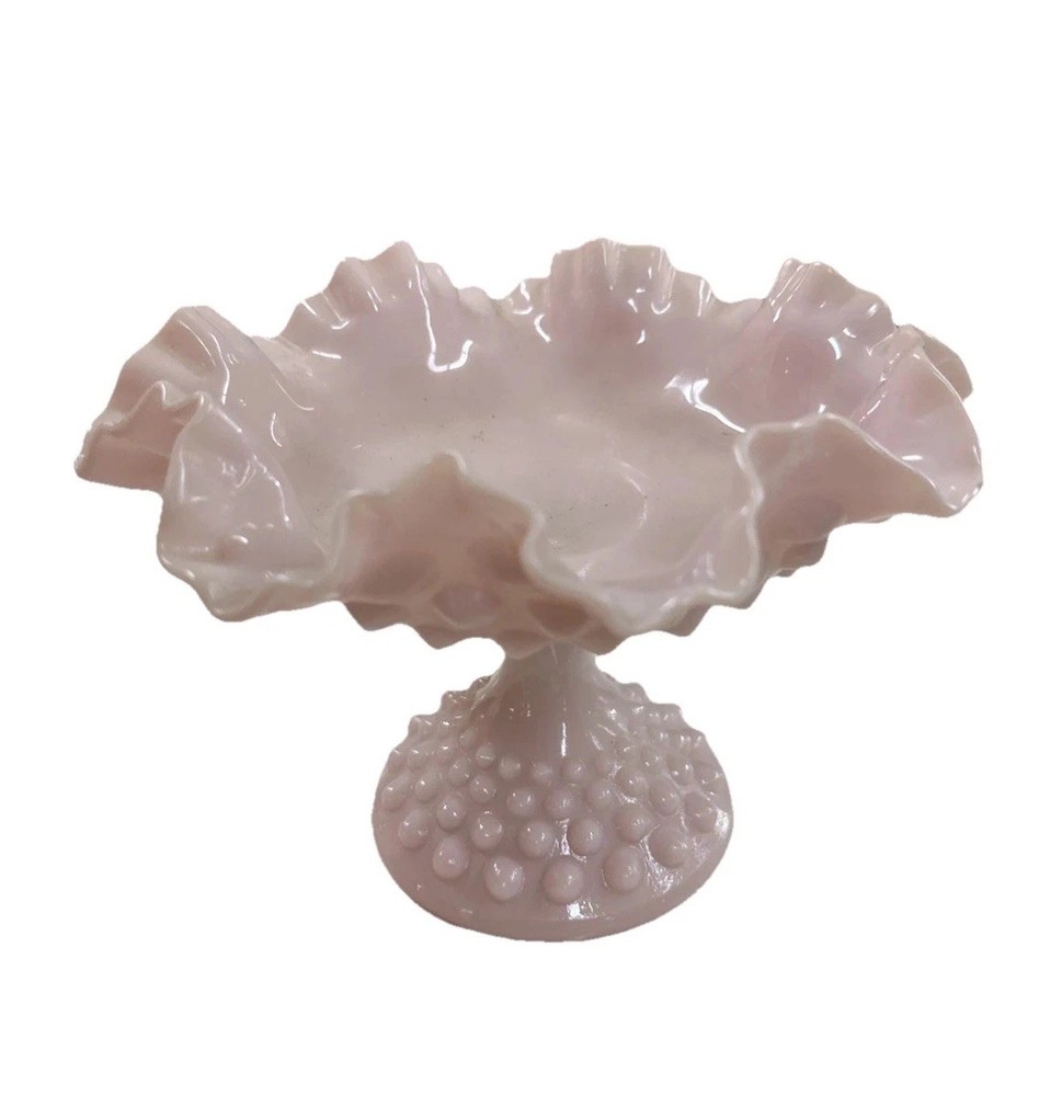 RARE Fenton Rose Pastel Pink Hobnail Compote Dish Ruffle Milk Glass