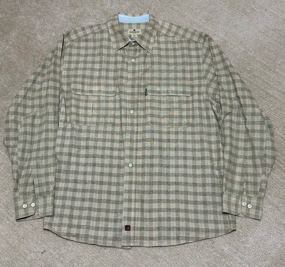 Woolrich Shirt Mens XL Light Brown Checkered Button Up Long Sleeve Heavyweight