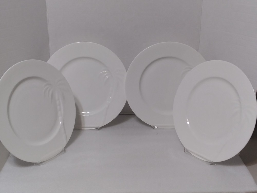 Set (4) Roscher BONE CHINA Solid White PALM TREE PATTERN Dinner Plates 11.25