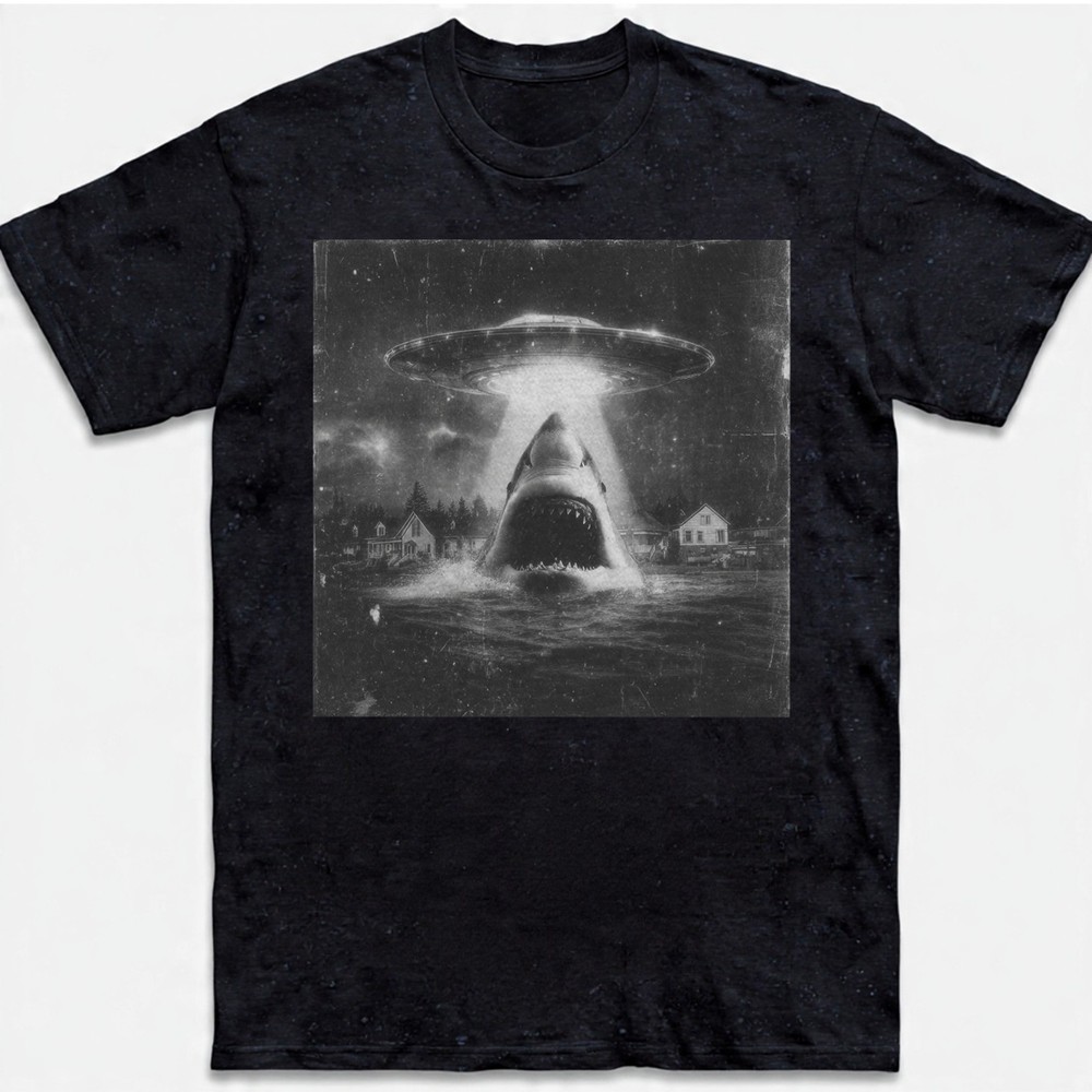 Funny Shark Abduction T-Shirt UFO Alien Vintage Art Sci-Fi Graphic Tee S-5XL