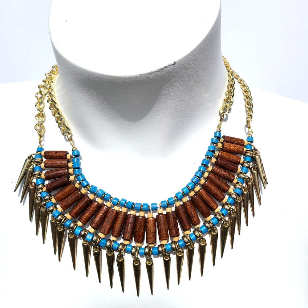 Boho Tribal Wood Bead Choker Brown Blue Gold-Tone Spike Indie Festival Collar