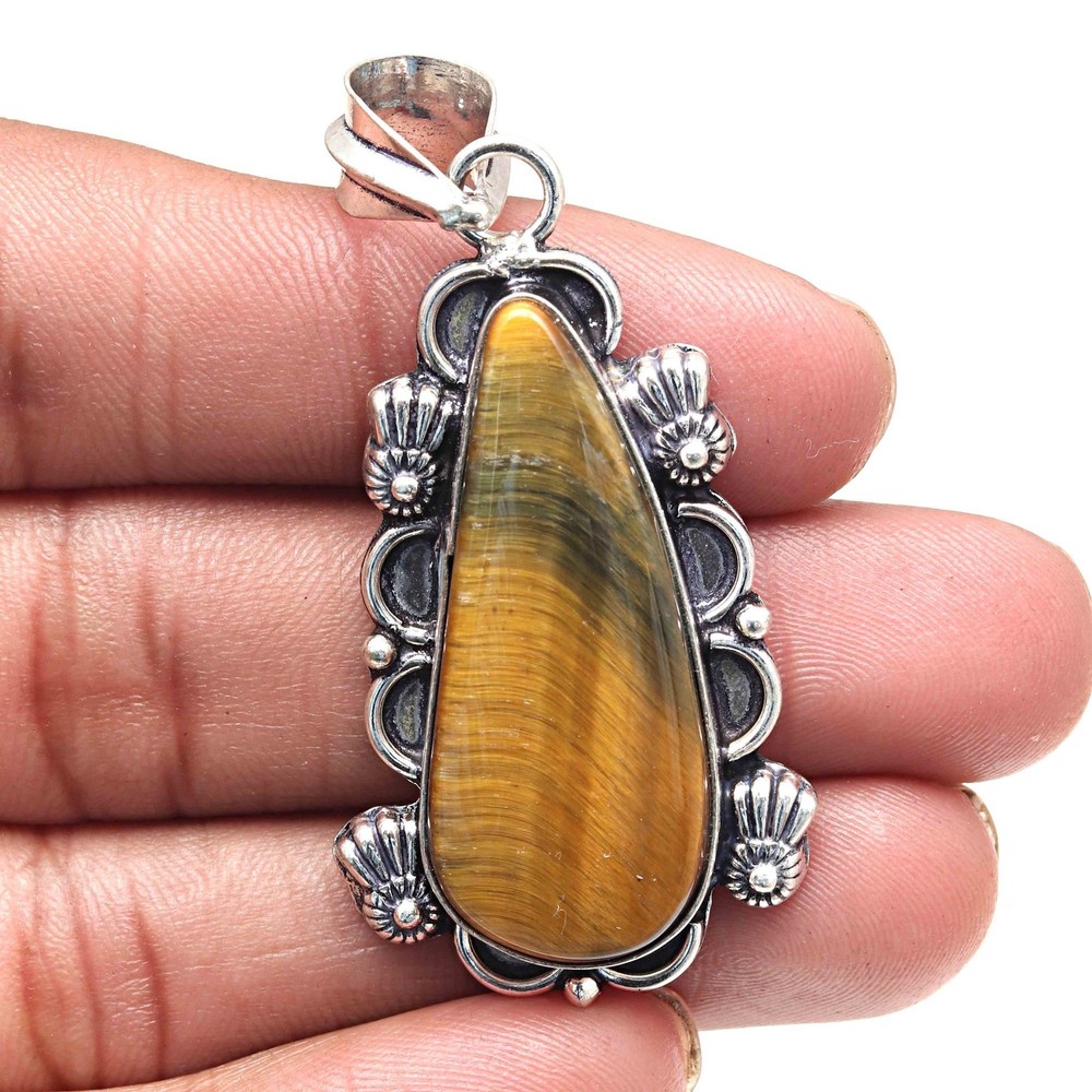 Tiger's Eye Gemstone Silver Pendant Jewelry Handicraft Valentine Gift 2.25