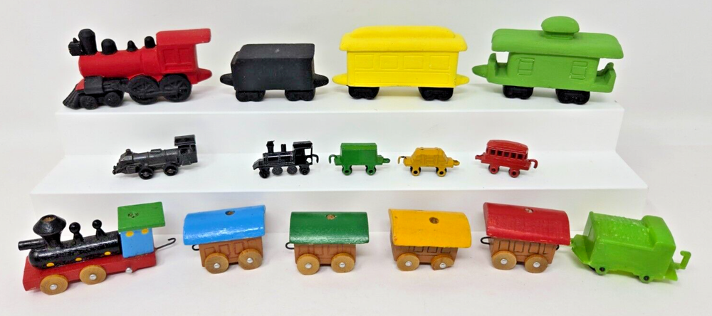 Mixed LOT of 3 Mini Christmas Train Sets: Ceramic Wood Diecast Plastic 15 Pieces