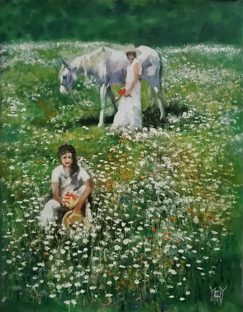YARY DLUHOS Women Horse Wildflower Field Girl Figure Original Art Oil Painting