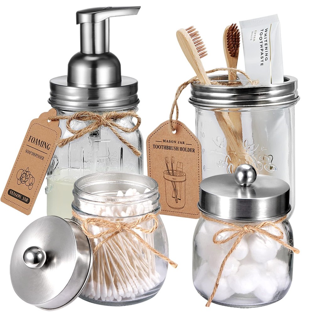 Mason Jar Bathroom Accessories Set 4Pc - Foaming Soap Dispenser&2 Qtip Holder...