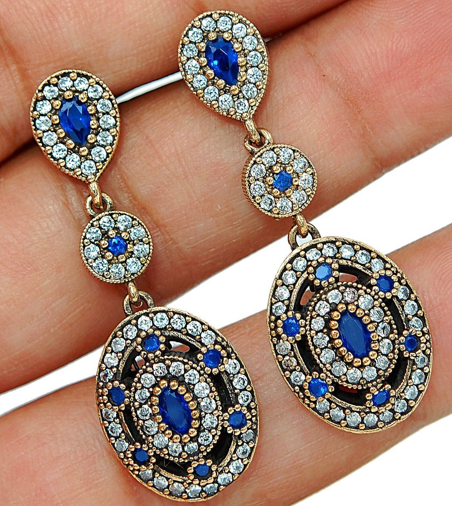 Ottoman Empire Inspired 8CT Treated Sapphire Sterling Silver Earrings TE1487