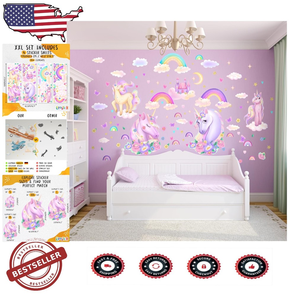 Enchanting Unicorn Wall Stickers - 135 Piece XXL Pack for Toddlers and Girls