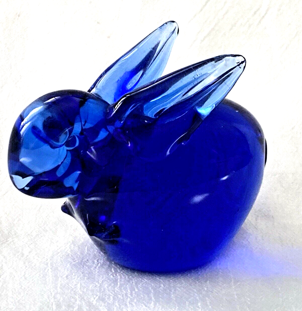 Vintage cobalt Blue Hand Blown Art Glass Rabbit Bunny Paperweight Figurine