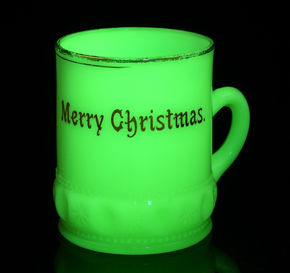 Vintage Uranium Glass Merry Christmas Embossed Cup Mug