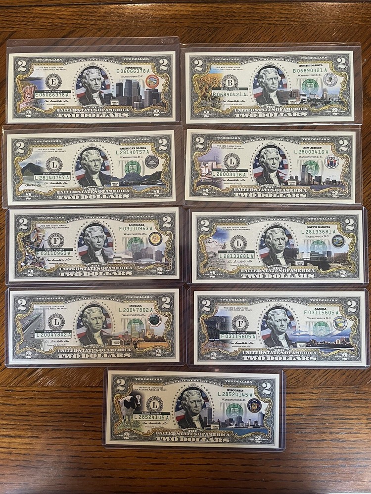 The U.S. Statehood $2 Notes - Various States & Territories Bills Lot - 9 Bills