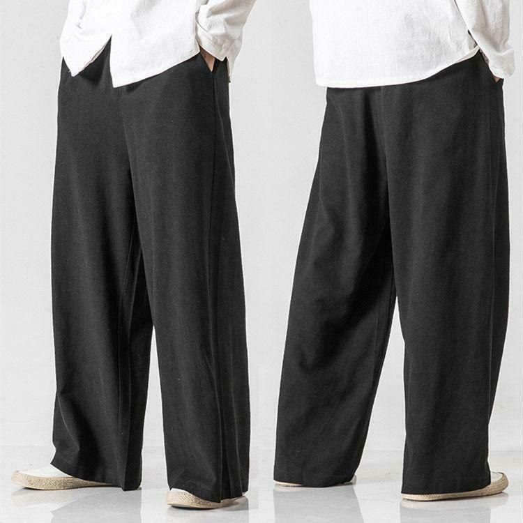 New Men Kung Fu Tai Chi Chinese Style Wide Leg Trousers Linen Cotton Pants Loose