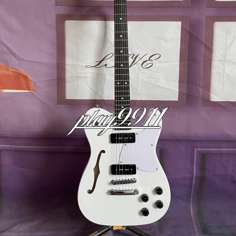 New White TL Semi-Hollow Electric Guitar with F-Holes & Dual P90 Pickups Chrome Hardware