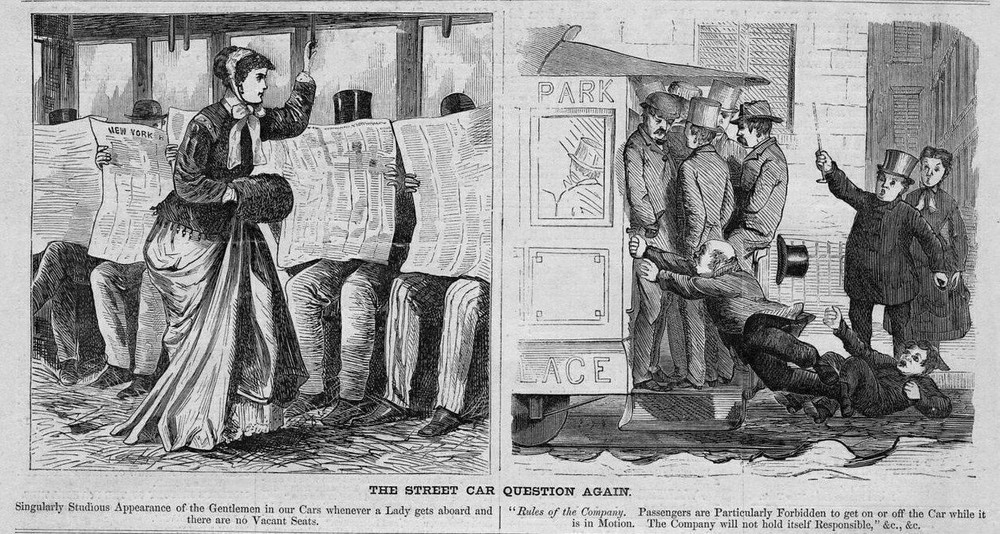 STREET CAR QUESTION IN 1868, GENTLEMEN GIVE UP SEAT FOR LADY PASSENGERS ACCIDENT