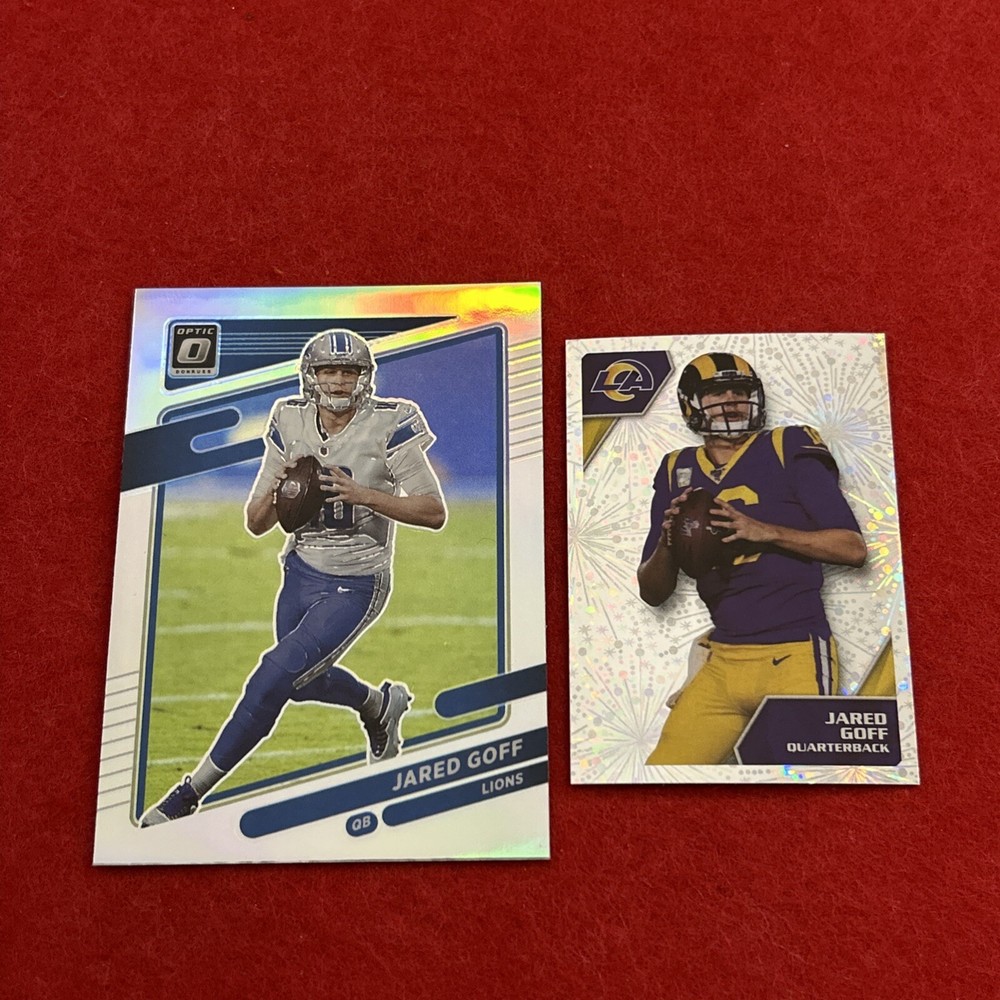 Jared Goff - 2021 Optic Silver Prizm #84 and 2020 Panini Foil Sticker #502