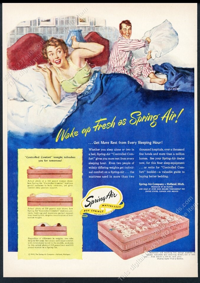 1949 husband hitting wife with pillow Spring Air mattress vintage print ad