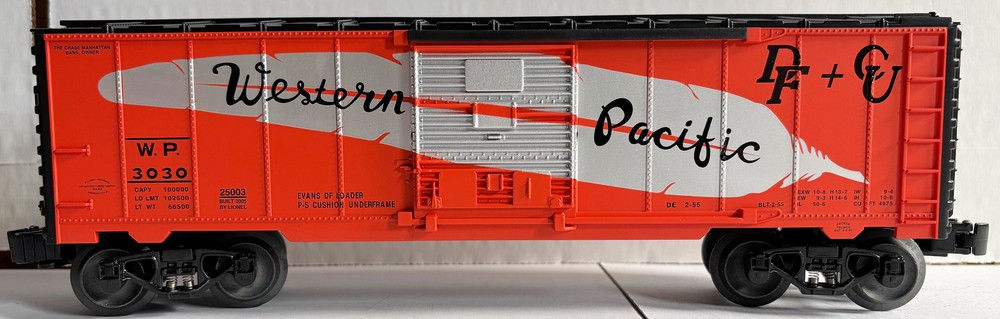 Western Pacific O-Scale Diecast Boxcar WP 3030 Orange Silver by Lionel 6-25003