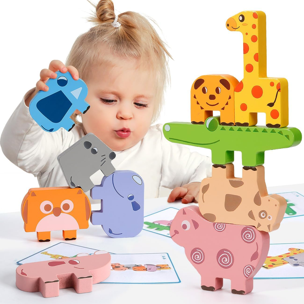 Montessori Toys for 2 3 4 Year Old, 10Pcs Wooden Animal Blocks Sorting & Stackin