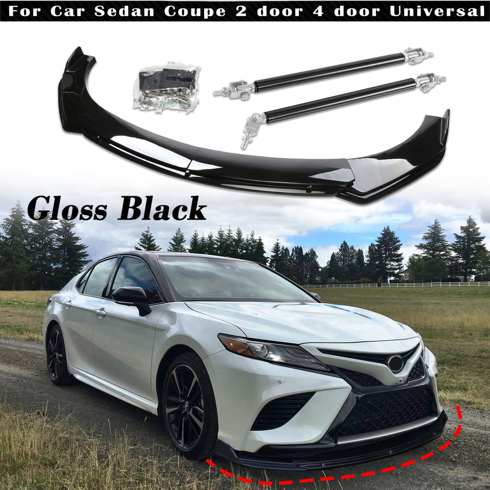 Glossy Black Front Bumper Lip Splitter Spoiler with Strut Rod for Toyota Camry SE XSE