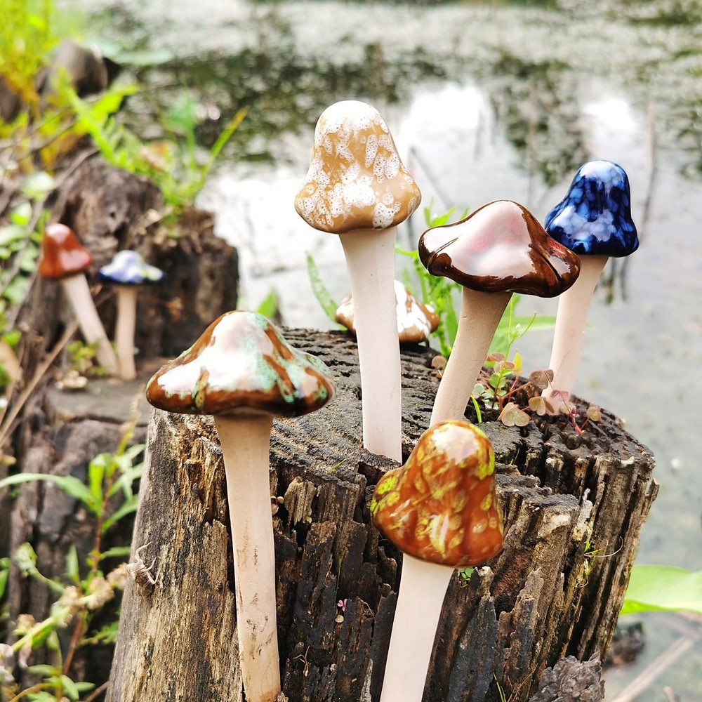 8PCS Ceramic Mushroom Statue Garden Decor Indoor Outdoor Figurine Pot Ornament