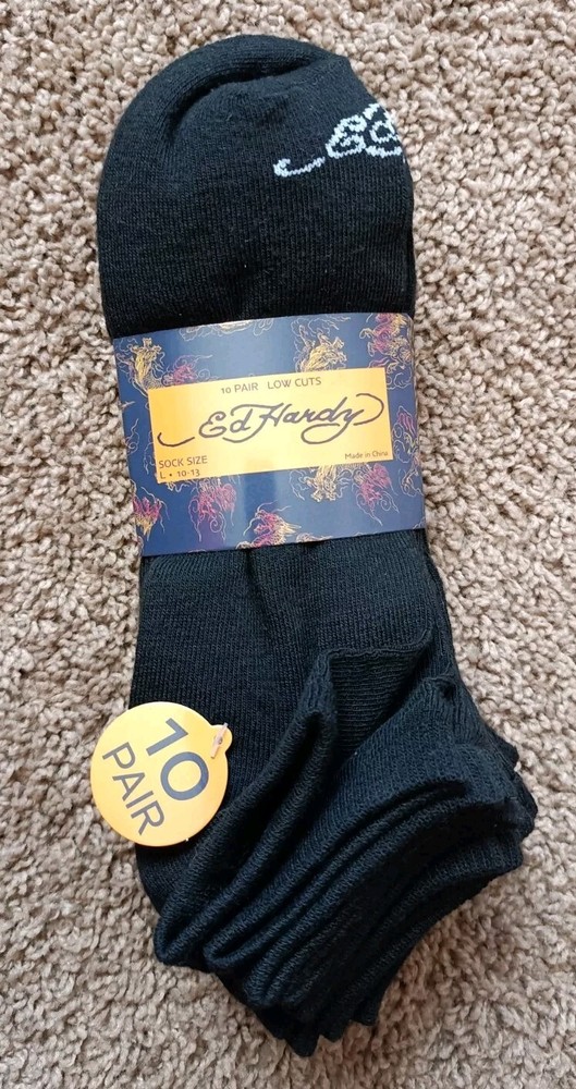 Ed Hardy Mens Black Low Cut Socks 10 Pack Shoe Size 6-12 NWT  